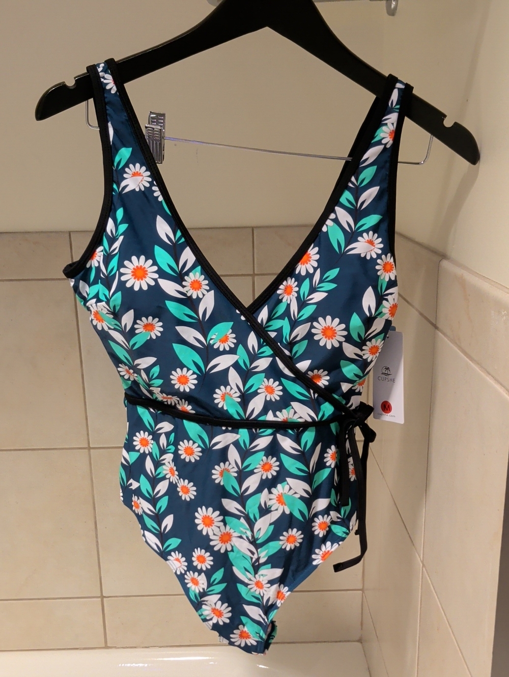 Cupshe Navy Floral Wrap One-Piece Swimsuit with White & Teal Daisies